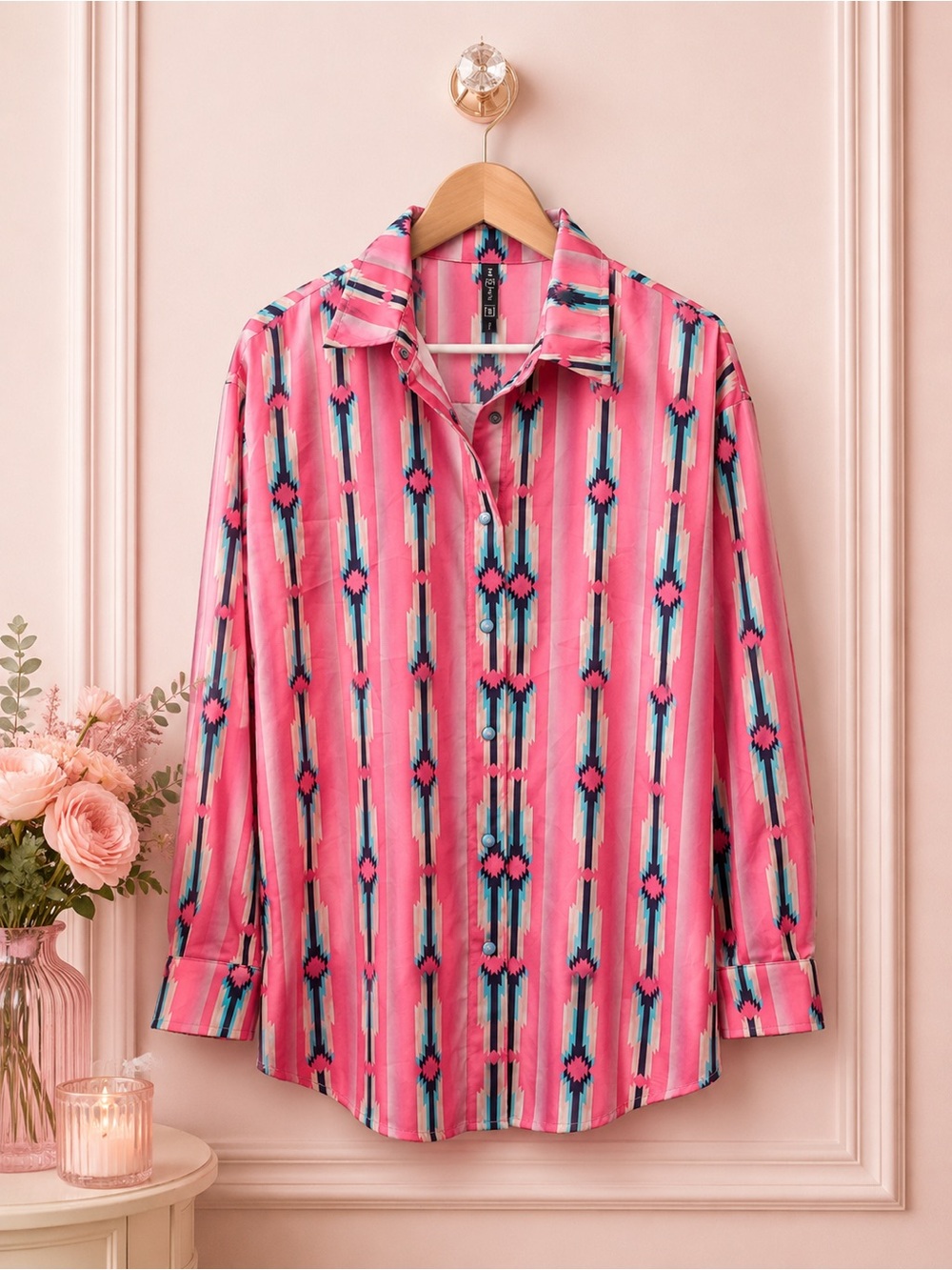 Women’s Pink Geometric Print Button-Down Shirt